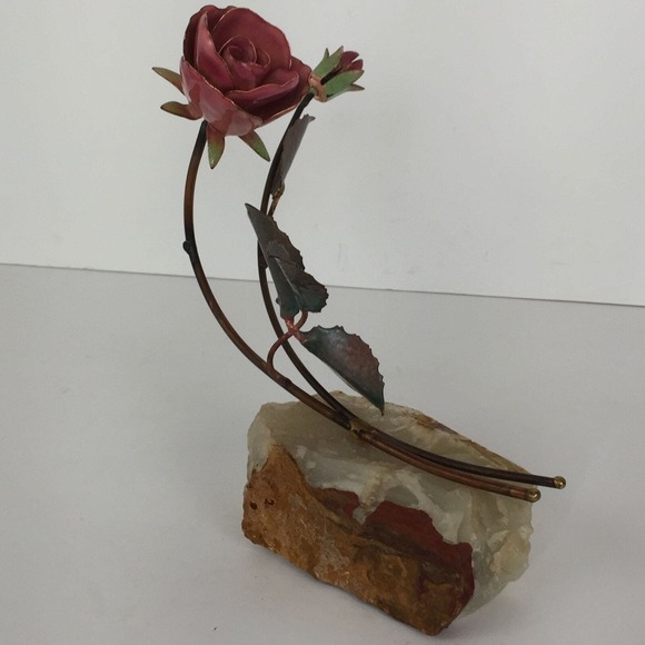 Enameled Copper Metal Rose Flower Sculpture Figurine on Quartz Rock Crystal Base - Picture 6 of 12